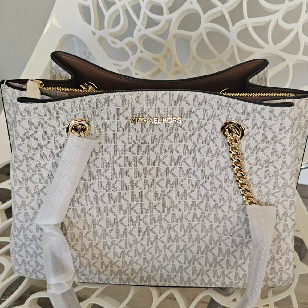Michael Kors Teagan Large Chain Drop Satchel / Tote / Shoulder Bag (Vanilla)